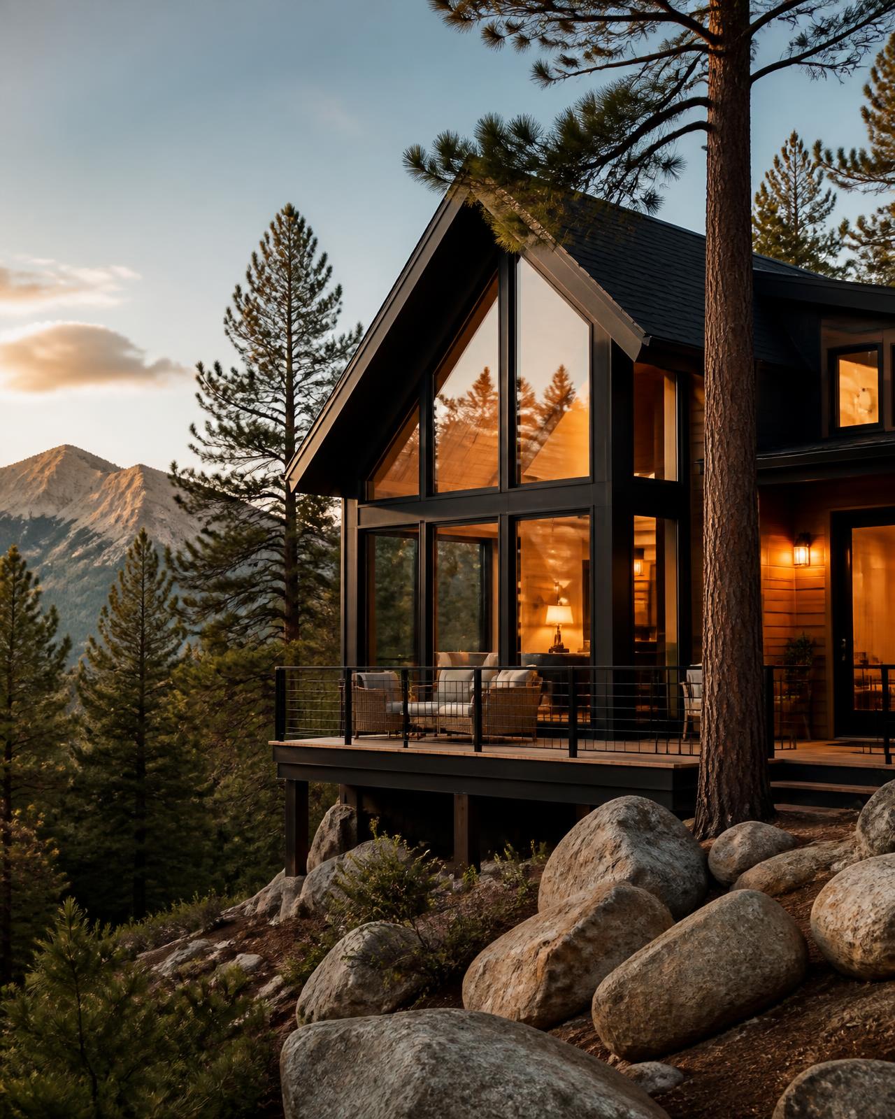 Modern mountain short-term rental at sunset